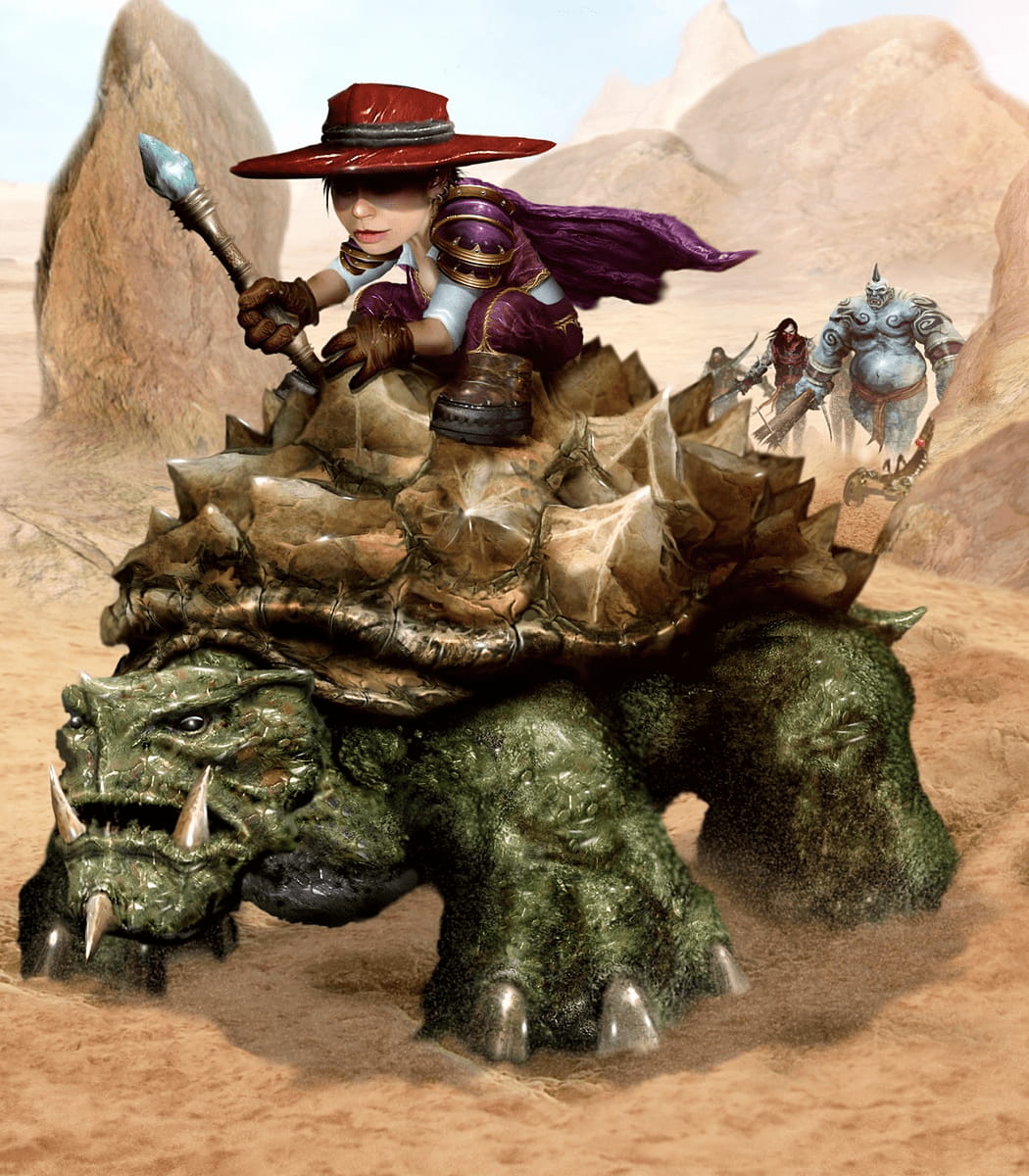 Funny character riding big turtle